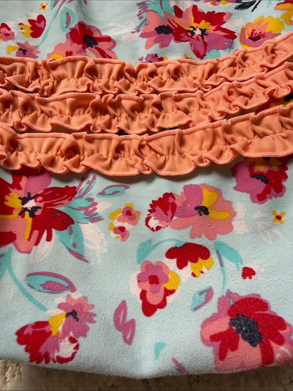 Ruffle Butts Aqua Floral Long-Sleeve Swim One-Piece with Pink and Yellow Flowers